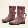 Women's Mid-Calf Suede Boot with Knit Collar, Side Lace Detail, Studded Tab and Side Zipper