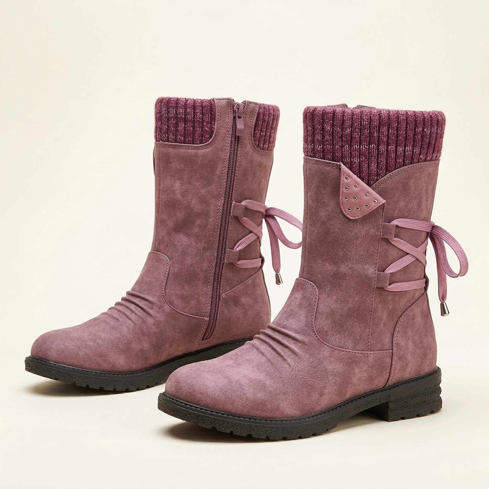 Women's Mid-Calf Suede Boot with Knit Collar, Side Lace Detail, Studded Tab and Side Zipper