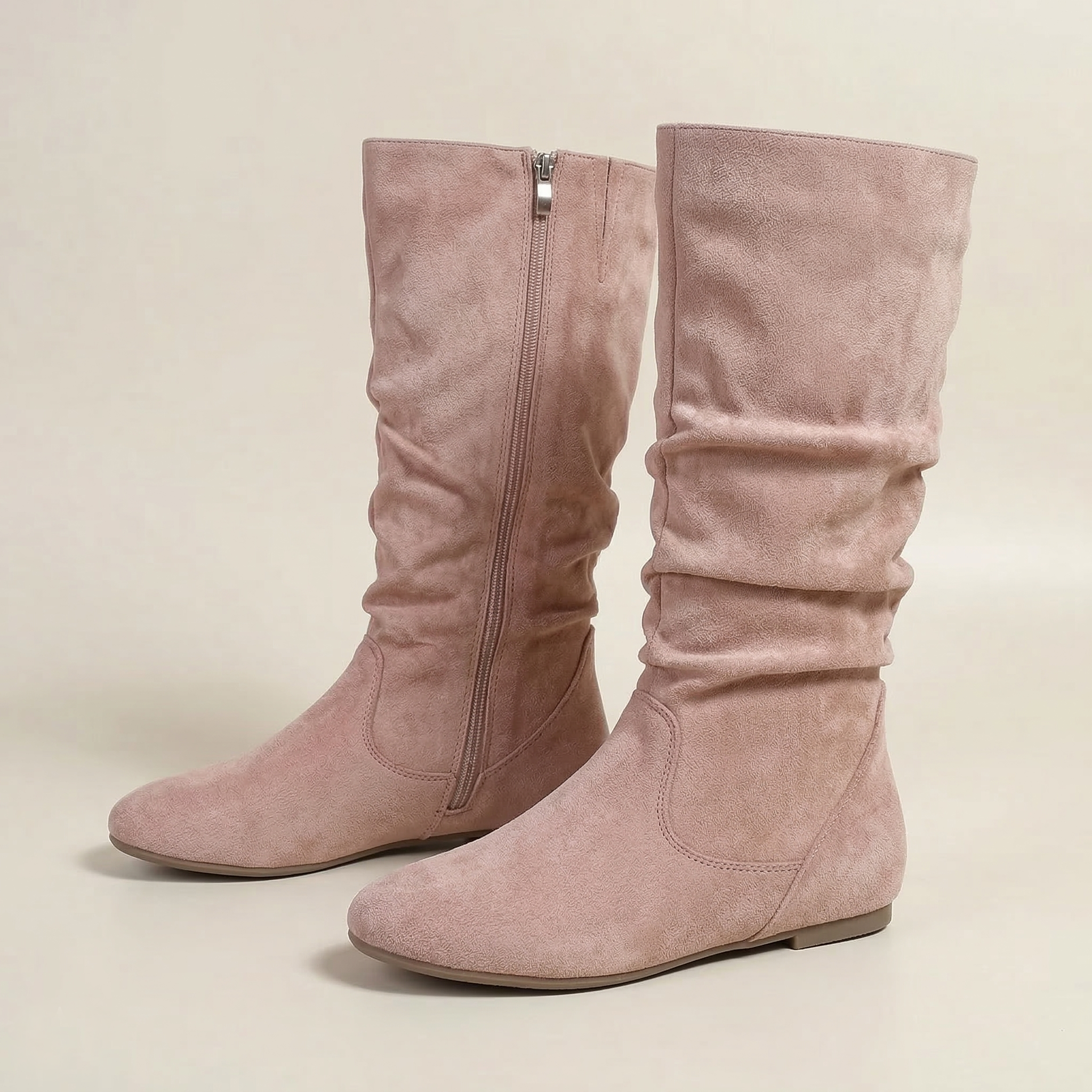 Women's Knee-High Slouch Boot with Ruched Shaft, Side Zipper and Flat Rubber Sole