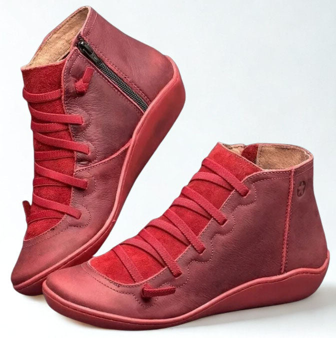 Multi-Color vegan Leather Lace-Up Side-Zip Flat Ankle Boots