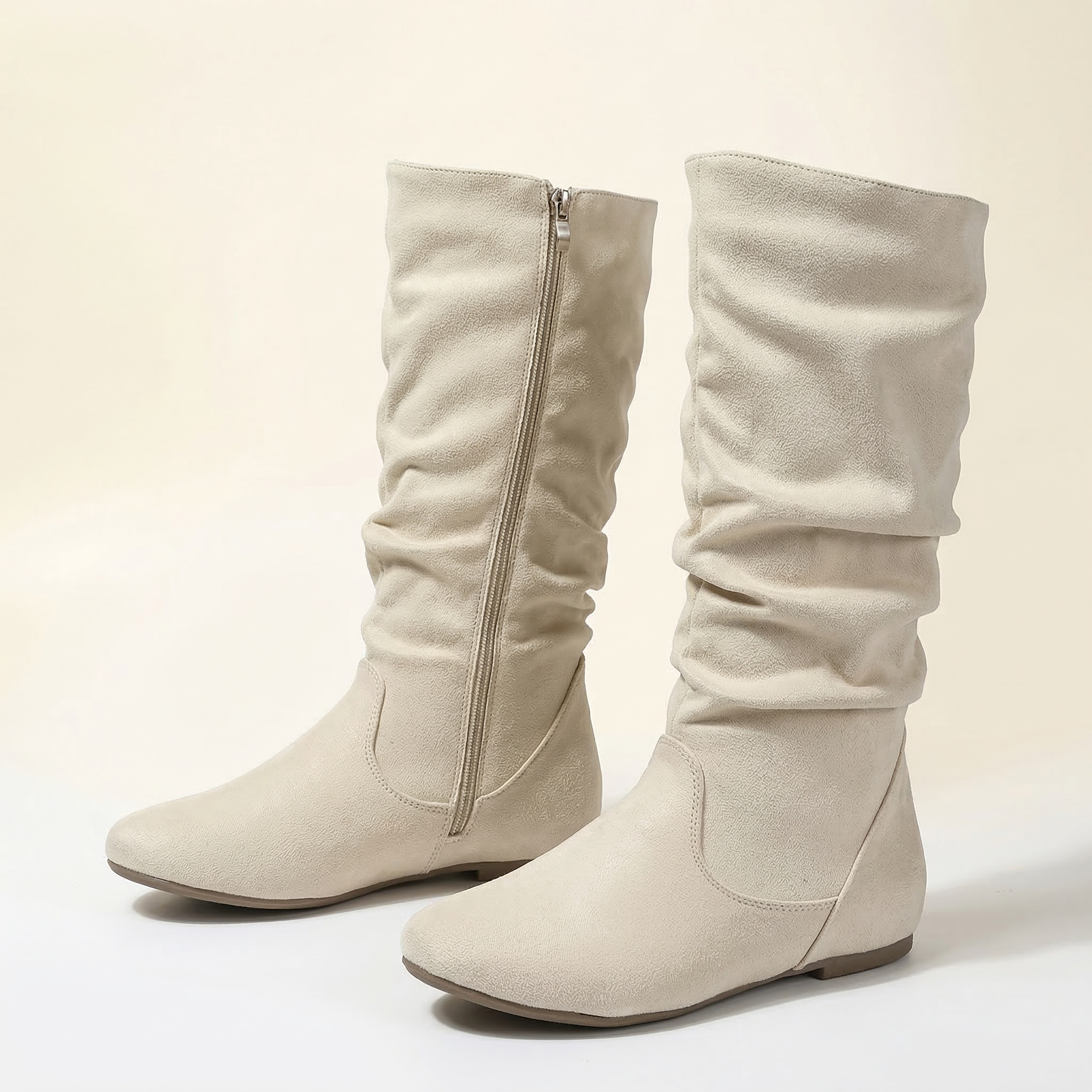 Women's Knee-High Slouch Boot with Ruched Shaft, Side Zipper and Flat Rubber Sole