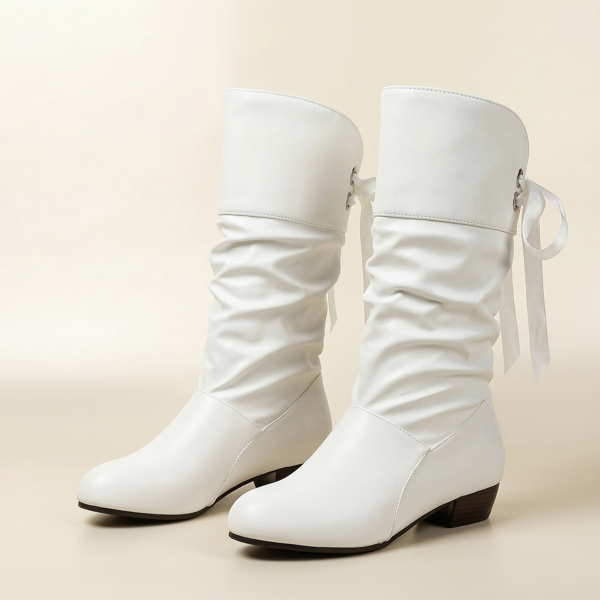 Women's Mid-Calf Slouch Boot with Back Ribbon Lace-Up Detail, Ruched Shaft and Low Block Heel