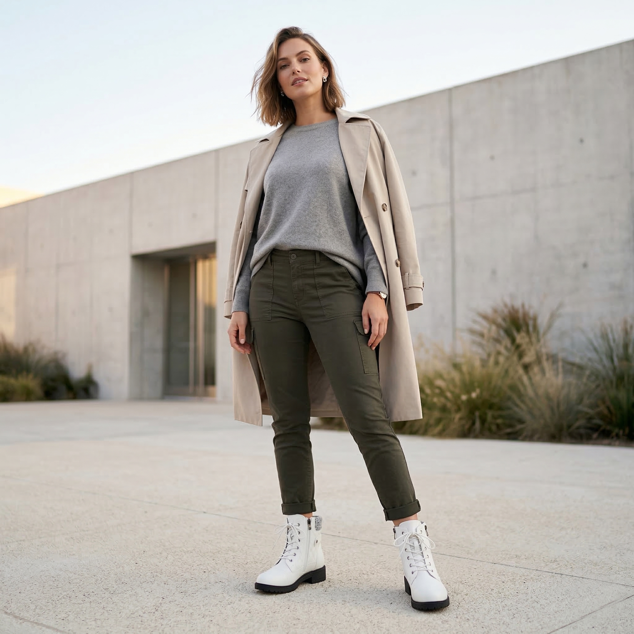 Women's Ankle Combat Boot with Quilted Upper, Knit Collar, Side Zipper and Lace-Up Front