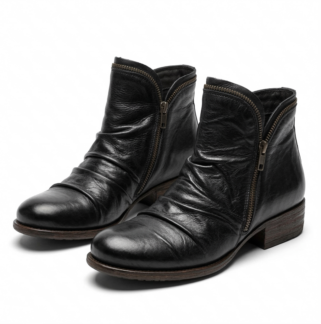 Women's Leather Ankle Bootie with Ruched Upper, Dual Side Zippers and Low Stacked Heel
