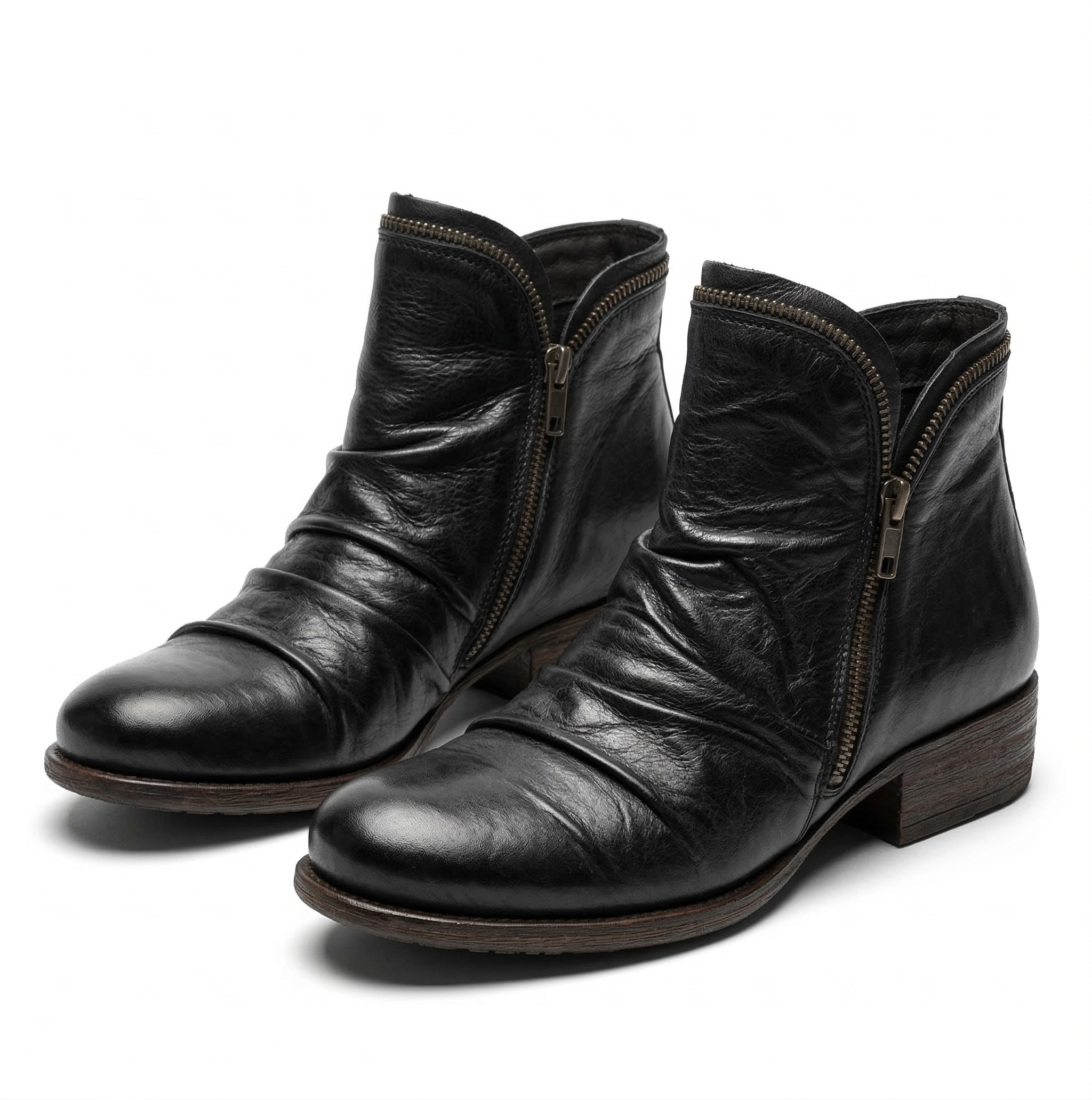 Women's Leather Ankle Bootie with Ruched Upper, Dual Side Zippers and Low Stacked Heel