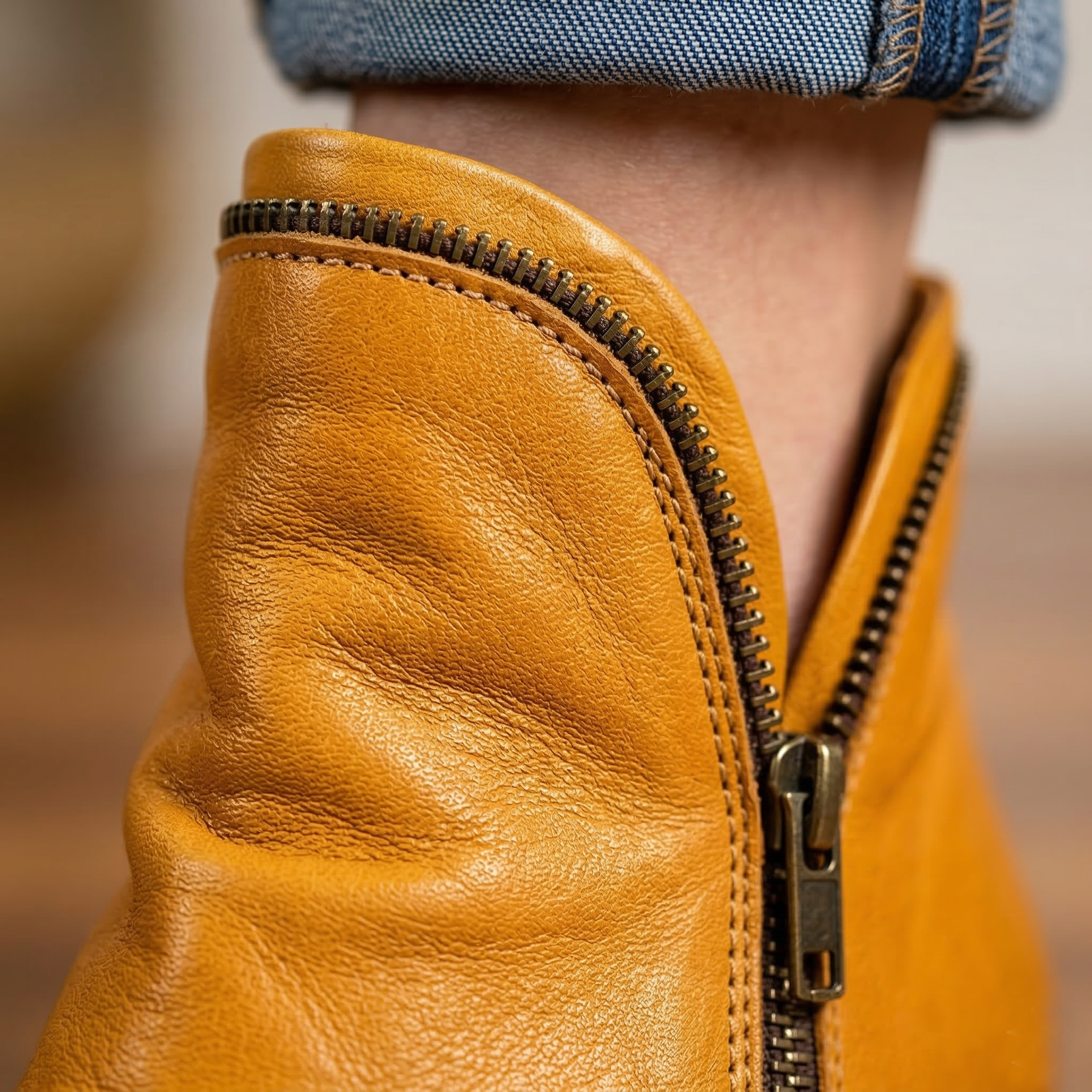 Women's Leather Ankle Bootie with Ruched Upper, Dual Side Zippers and Low Stacked Heel