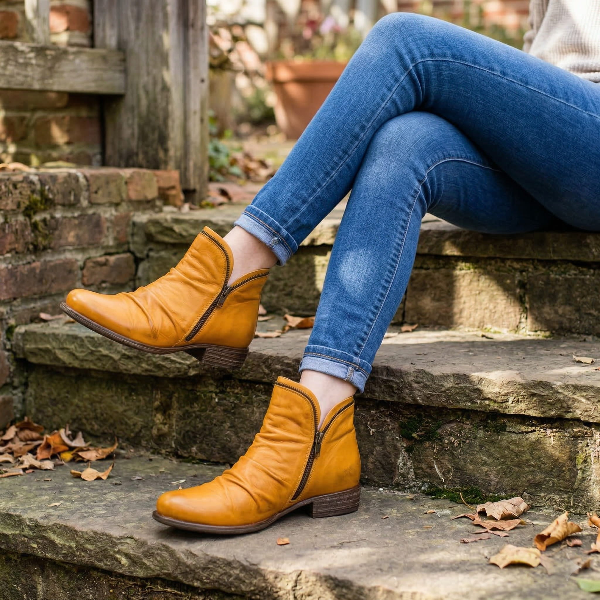 Women's Leather Ankle Bootie with Ruched Upper, Dual Side Zippers and Low Stacked Heel