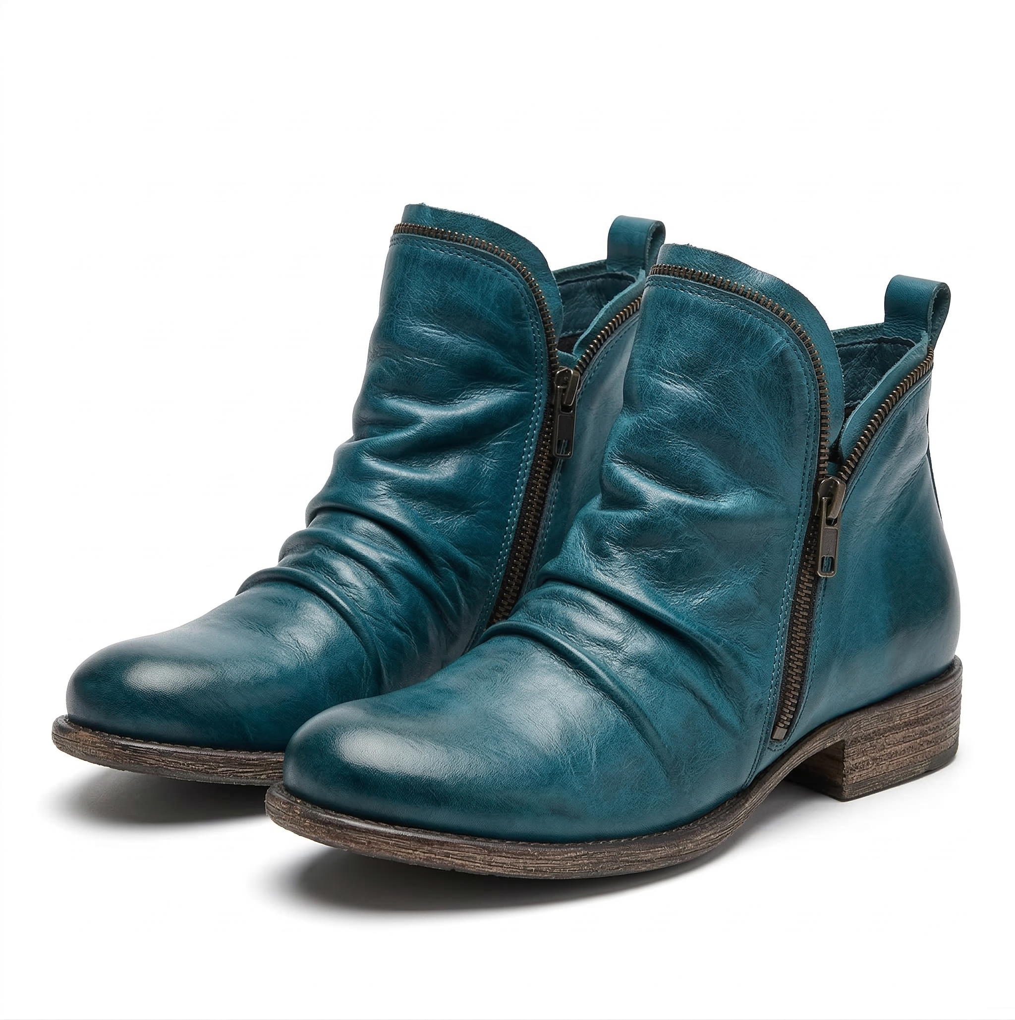 Women's Leather Ankle Bootie with Ruched Upper, Dual Side Zippers and Low Stacked Heel