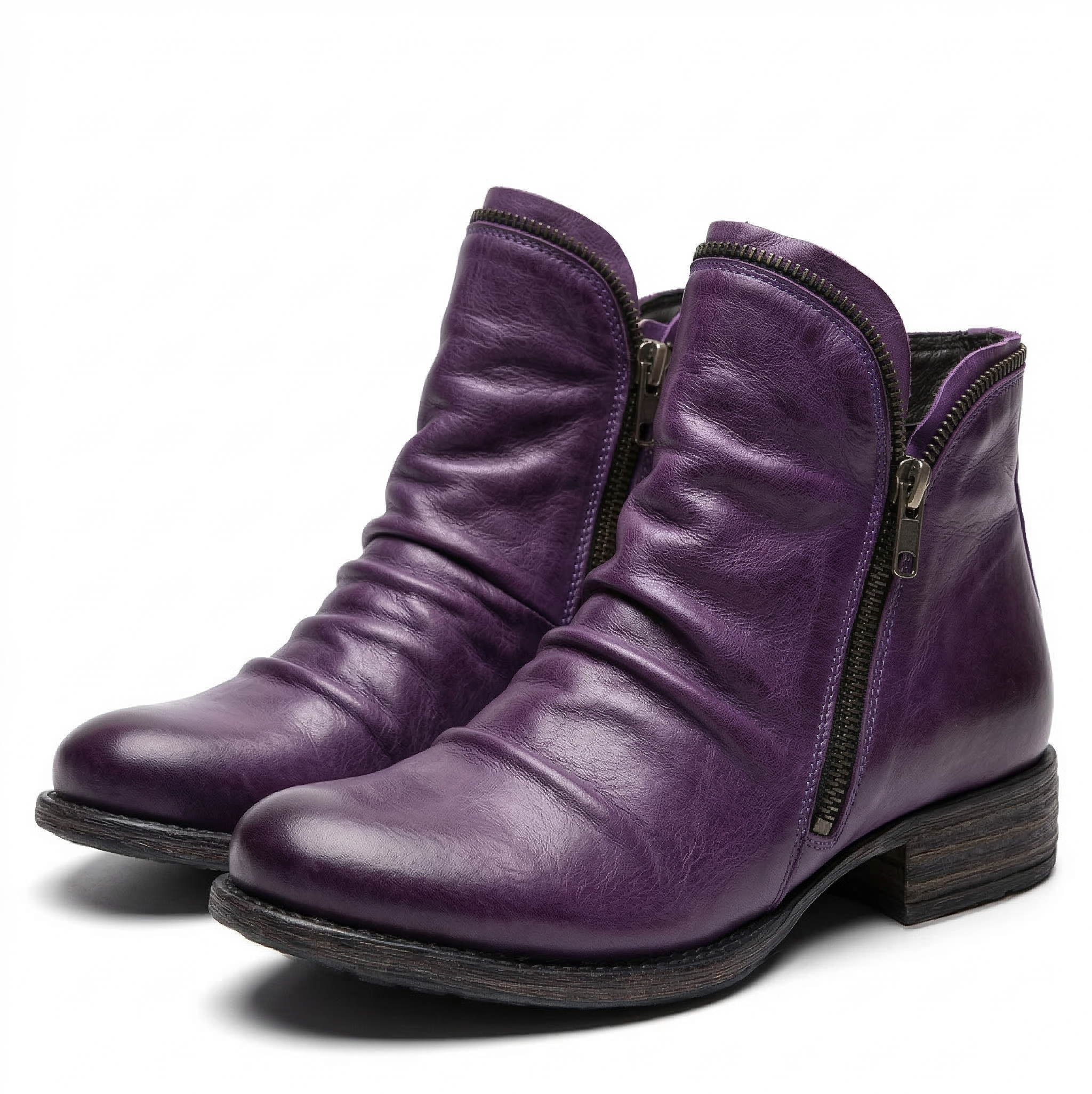 Women's Leather Ankle Bootie with Ruched Upper, Dual Side Zippers and Low Stacked Heel