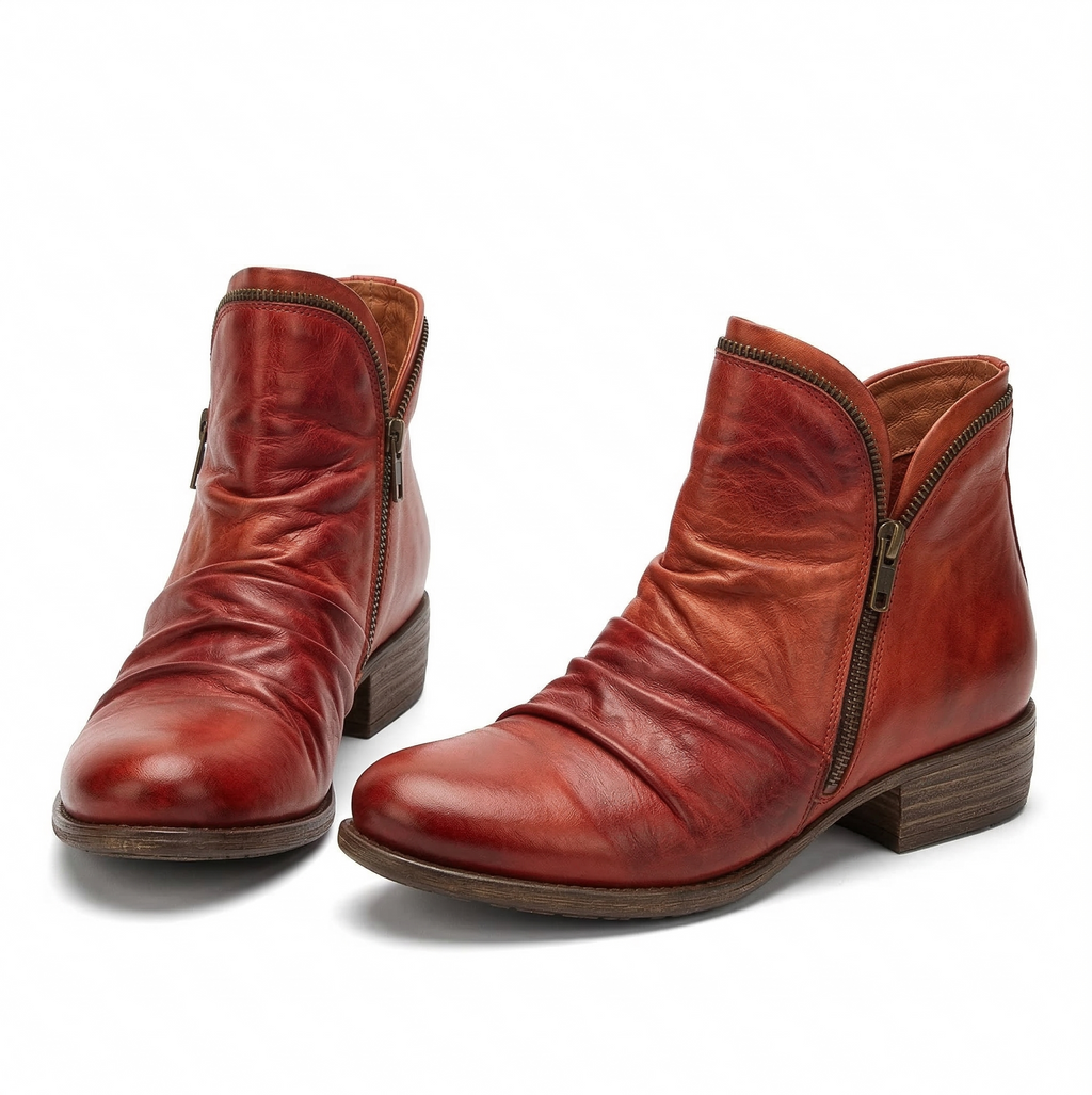 Women's Leather Ankle Bootie with Ruched Upper, Dual Side Zippers and Low Stacked Heel