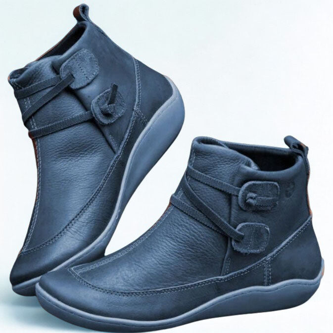 Women's Vintage Flat Ankle Boots with Wrap Strap & Toggle Closure