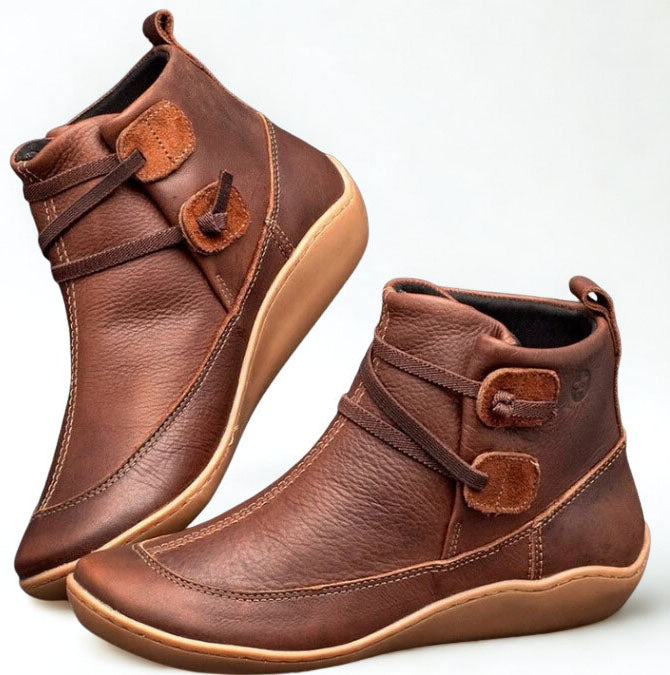 Women's Vintage Flat Ankle Boots with Wrap Strap & Toggle Closure