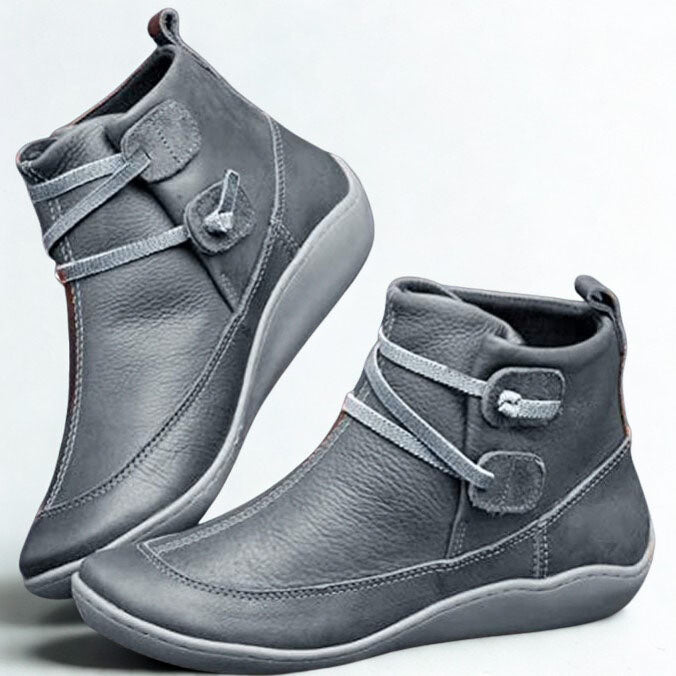 Women's Vintage Flat Ankle Boots with Wrap Strap & Toggle Closure